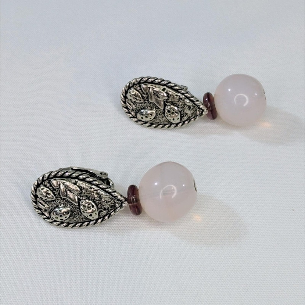 Vintage Clip On Earrings Antique Silver Leaf Opalescent Glass Bead 1.25" - Picture 3 of 5